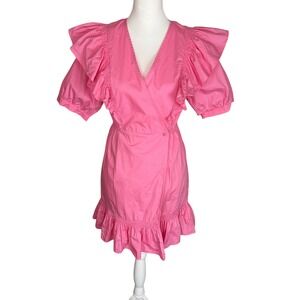 Karlie Pink Cotton Ruffle Wrap Mini Dress Womens Large Short Puff Sleeve V-Neck